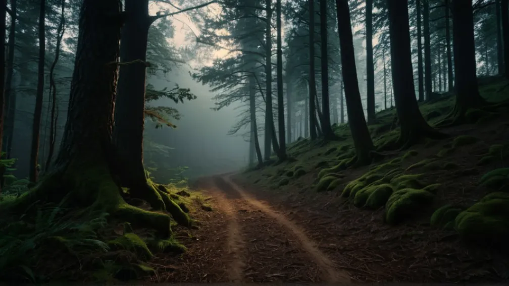 Pădure misterioasă: imersiune într-o atmosferă de secrete și iluminare cinematografică