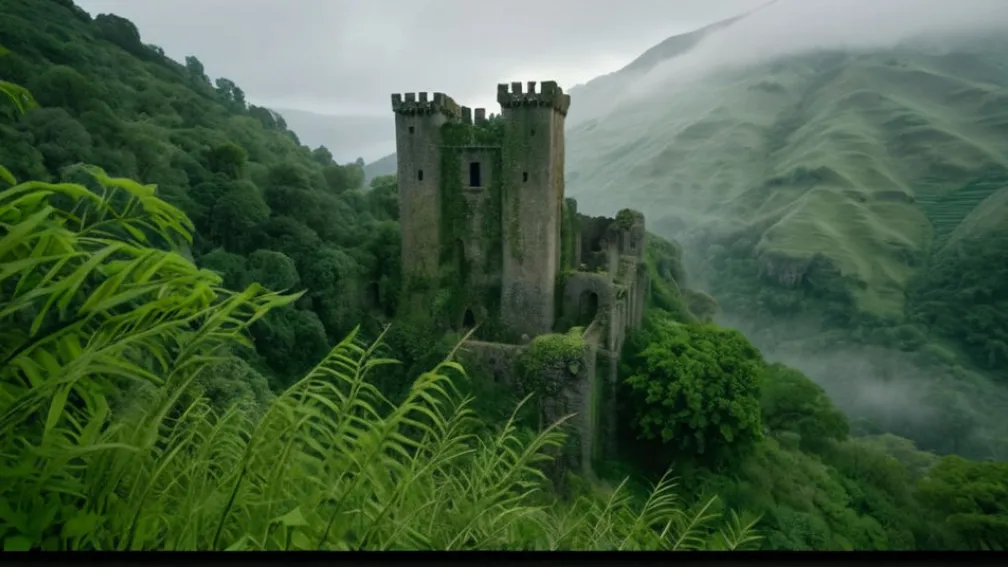 Antice ruine ale castelului sub un deal verde