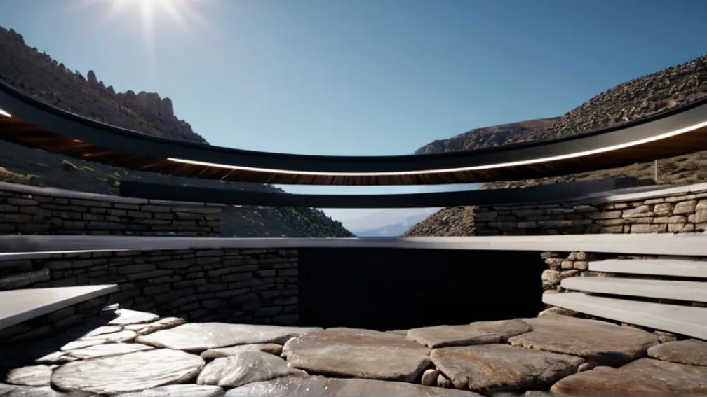 Peisaj arhitectural reimaginat: o platformă orizontală modernă integrată într-un munte stâncos, cu o deschidere circulară mare către cer.