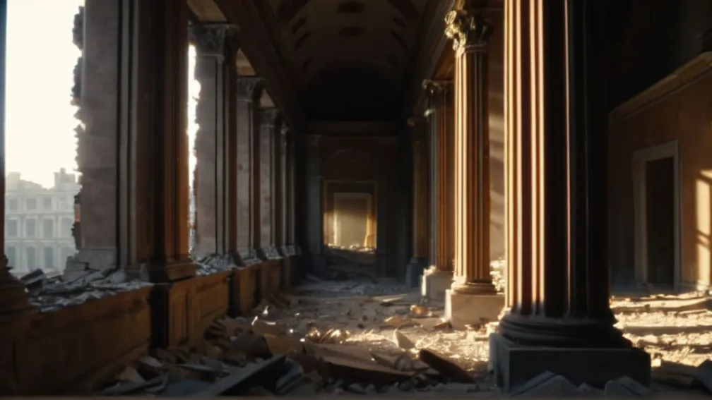 Fațada dărâmată a unei clădiri vechi, grandioase, cu părți din ea dezintegrându-se în praf, dezvăluind un vid gol în spate.