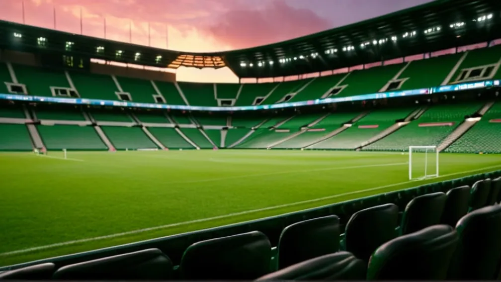 Plan larg fotorealist al interiorului unui stadion de fotbal, locuri goale, gazon verde luxuriant sub iluminare cinematică dramatică, în timpul apusului. Fără jucători, fără logo-uri specifice de echipă sau steaguri. 8k, hiperrealist.