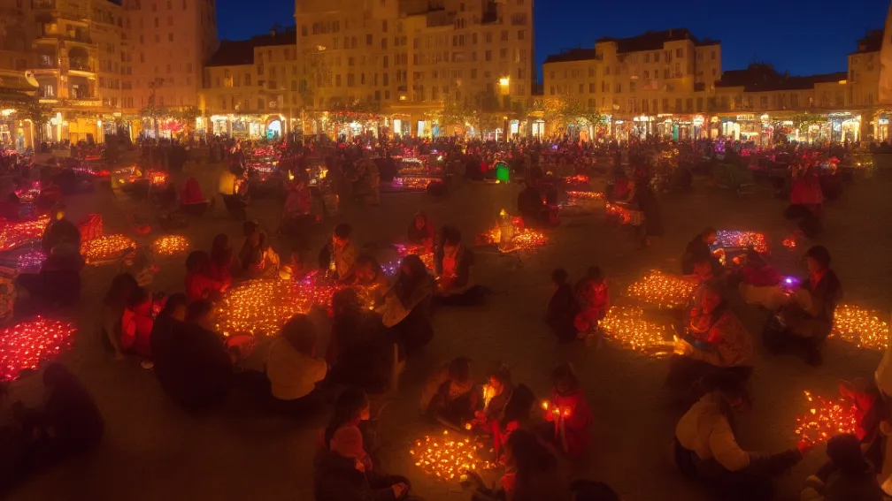Locuitorii din Plaza de Olavide din Madrid improvizează un festival în timpul unei pene de curent