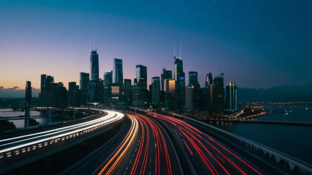 Priveliște panoramică a unui oraș vibrant la crepuscul