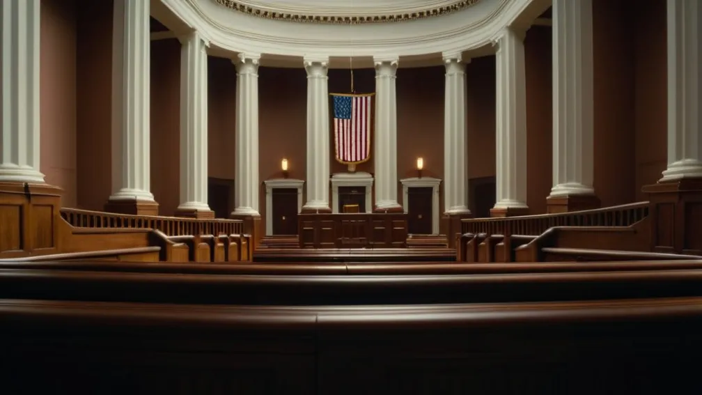 Imagine fotorealistă a unui interior maiestuos de tribunal, cu accent pe detaliile arhitecturale și lumină, lipsită de prezența umană. Iluminare cinematografică, 8k, hiper-realistă.