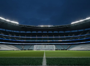 Un stadion de fotbal magnific și gol la apus