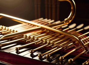 Fuziune abstractă de instrumente și simboluri muzicale tradiționale și moderne