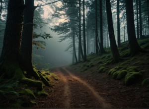 Pădure misterioasă: imersiune într-o atmosferă de secrete și iluminare cinematografică
