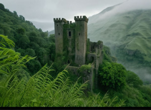 Antice ruine ale castelului sub un deal verde