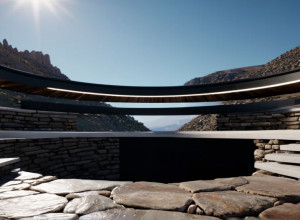 Peisaj arhitectural reimaginat: o platformă orizontală modernă integrată într-un munte stâncos, cu o deschidere circulară mare către cer.