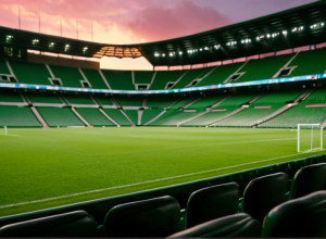 Plan larg fotorealist al interiorului unui stadion de fotbal, locuri goale, gazon verde luxuriant sub iluminare cinematică dramatică, în timpul apusului. Fără jucători, fără logo-uri specifice de echipă sau steaguri. 8k, hiperrealist.