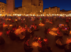 Locuitorii din Plaza de Olavide din Madrid improvizează un festival în timpul unei pene de curent