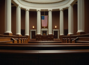 Imagine fotorealistă a unui interior maiestuos de tribunal, cu accent pe detaliile arhitecturale și lumină, lipsită de prezența umană. Iluminare cinematografică, 8k, hiper-realistă.