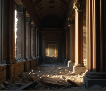 Fațada dărâmată a unei clădiri vechi, grandioase, cu părți din ea dezintegrându-se în praf, dezvăluind un vid gol în spate.