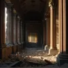 Fațada dărâmată a unei clădiri vechi, grandioase, cu părți din ea dezintegrându-se în praf, dezvăluind un vid gol în spate.